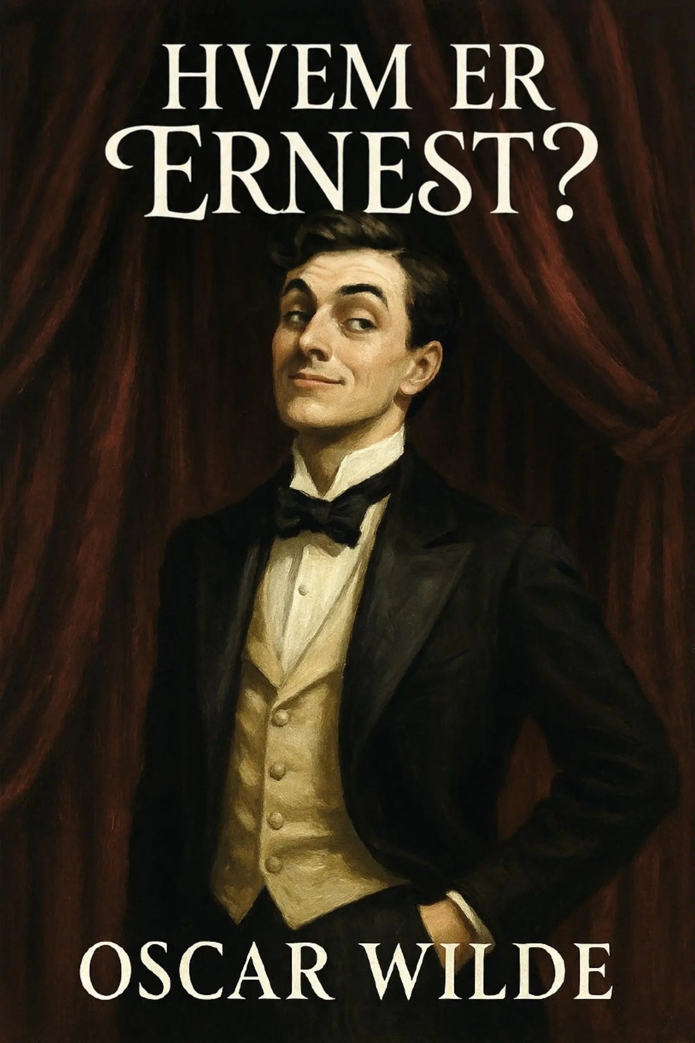 Book cover of 'Hvem er Ernest?' by Oscar Wilde with a man in a tuxedo against a red curtain background.