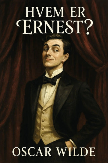 Book cover of 'Hvem er Ernest?' by Oscar Wilde with a man in a tuxedo against a red curtain background.