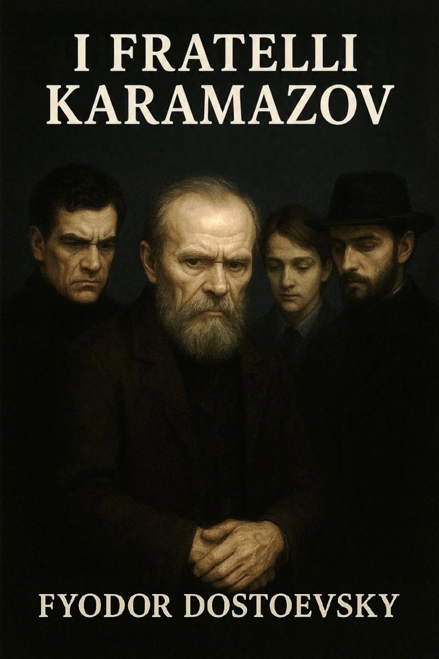 Book cover for 'I Fratelli Karamazov' by Fyodor Dostoevsky, featuring a dark, moody portrait of four men in black clothing against a black background, with the title and author name in white text.