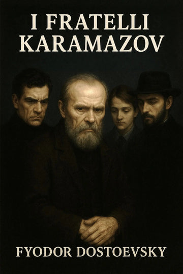 Book cover for 'I Fratelli Karamazov' by Fyodor Dostoevsky, featuring a dark, moody portrait of four men in black clothing against a black background, with the title and author name in white text.