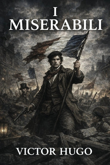 Book cover for Victor Hugo's 'I Miserabili' featuring a dramatic historical illustration of a man holding a tattered French flag in a battle scene.