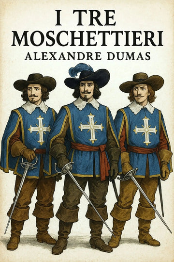 Book cover for 'I Tre Moschettieri' by Alexandre Dumas, featuring an illustration of three historical soldiers in blue tunics with white crosses, brown hats, and swords, on a beige background.