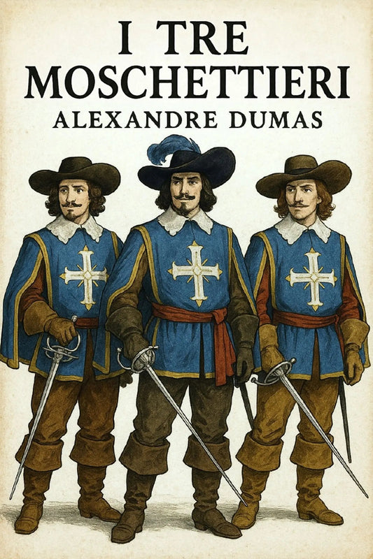 Book cover for 'I Tre Moschettieri' by Alexandre Dumas, featuring an illustration of three historical soldiers in blue tunics with white crosses, brown hats, and swords, on a beige background.