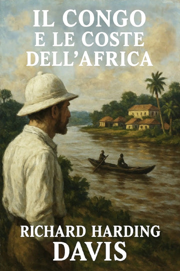 Book cover for 'Il Congo e le coste dell’Africa' by Richard Harding Davis, featuring an oil painting of a man in a pith helmet looking out at a river scene with a boat and buildings.
