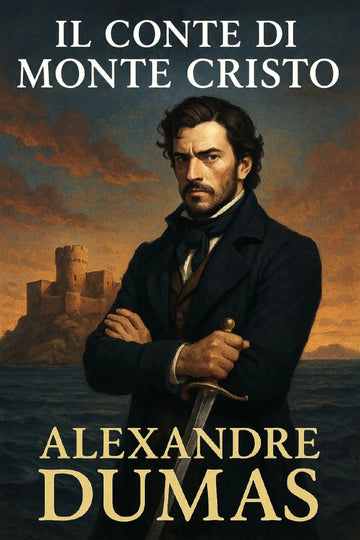 Book cover for 'Il Conte di Monte Cristo' by Alexandre Dumas, featuring a painted portrait of a man in a dark coat holding a sword, with a castle and sea in the background.