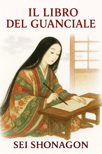 Book cover for 'Il Libro del Guanciale' by Sei Shonagon, featuring an illustration of a woman in a patterned kimono writing at a desk.