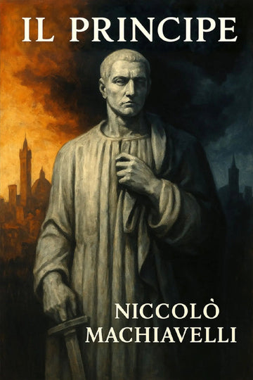Book cover for 'Il Principe' by Nicolò Machiavelli, featuring a painted portrait of Machiavelli in a robe against a dark cityscape with fiery orange sky on the left.