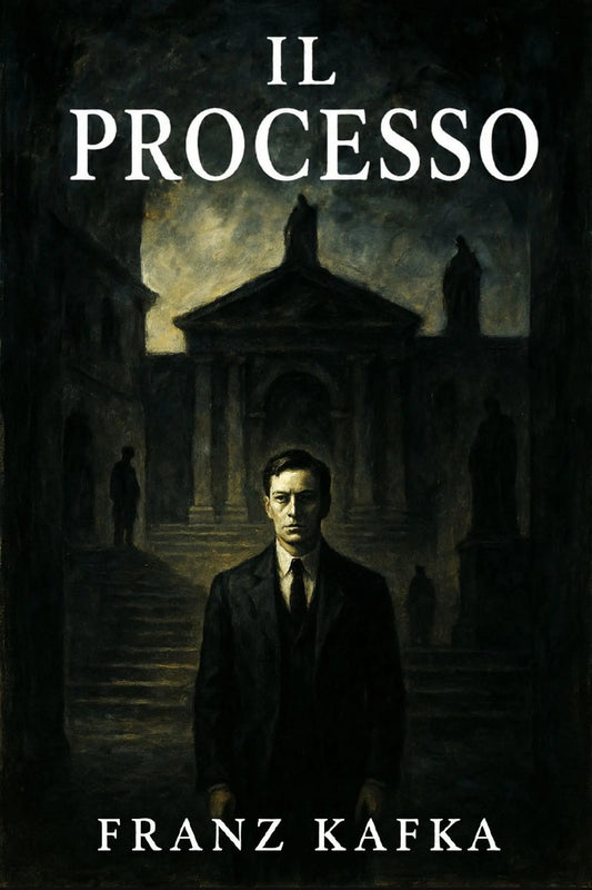 Book cover for 'Il Processo' by Franz Kafka, featuring a dark, moody painting of a man in a suit standing in front of a classical building with statues, under a cloudy sky.