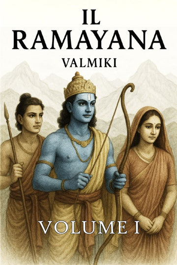 Book cover of 'Il Ramayana' by Valmiki featuring illustrations of characters with mountains in the background.