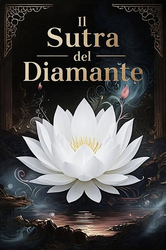 Book cover for 'Il Sutra del Diamante' featuring a large white lotus flower with a yellow center on a dark, mystical background with ornate gold borders.