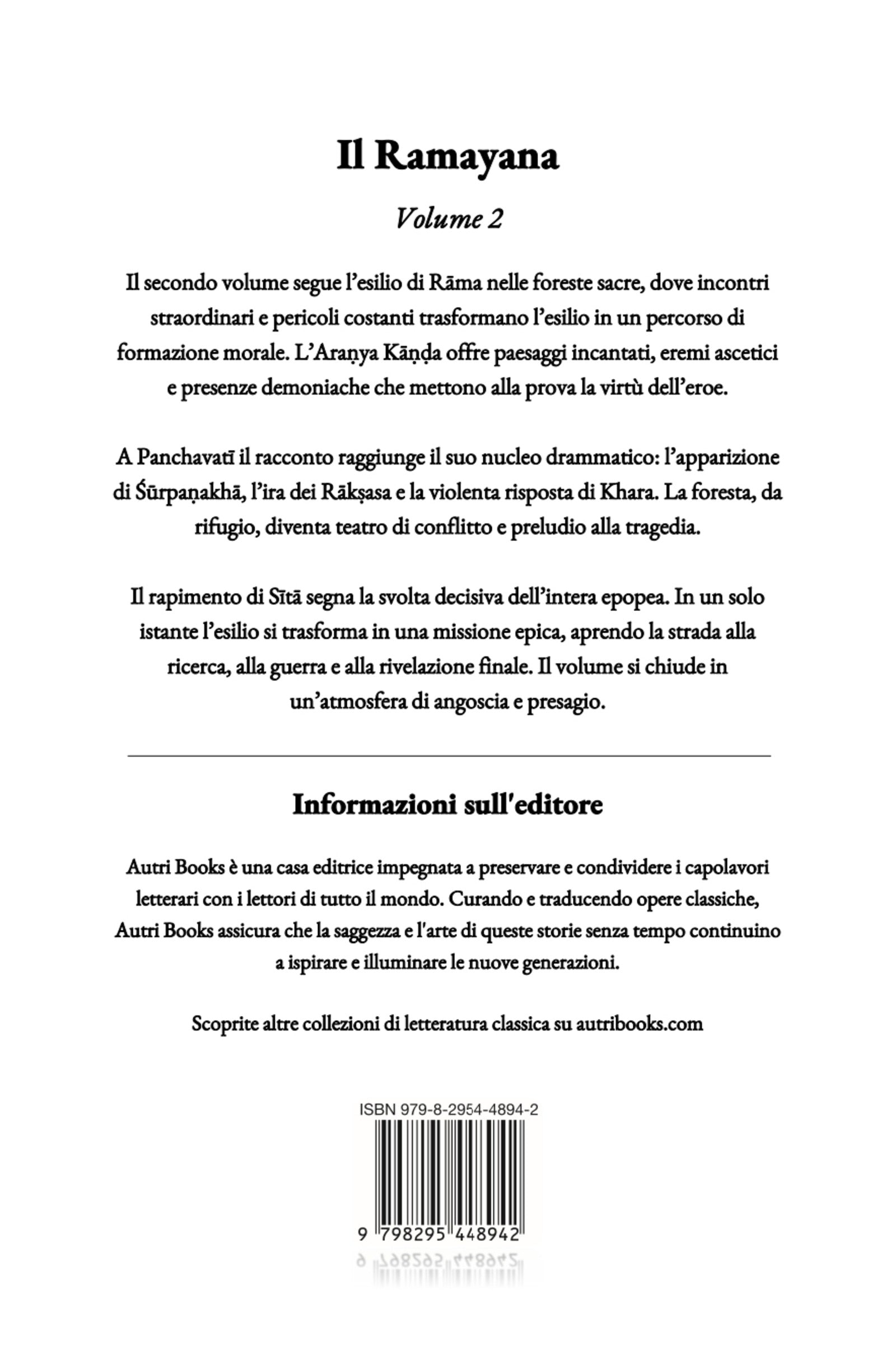 Back cover of a book titled 'Il Ramayana Volume 2' with text and publisher information.