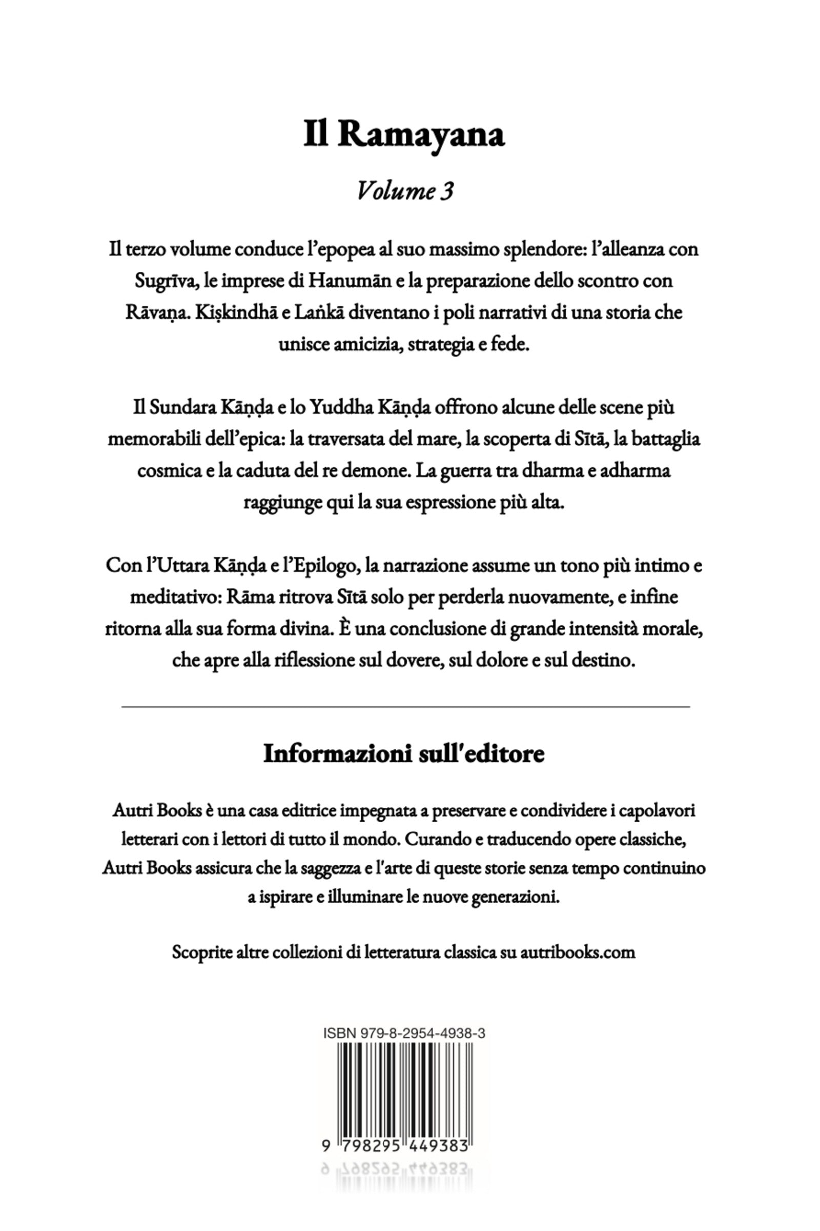 Back cover of a book titled 'Il Ramayana Volume 3' with text in Italian.