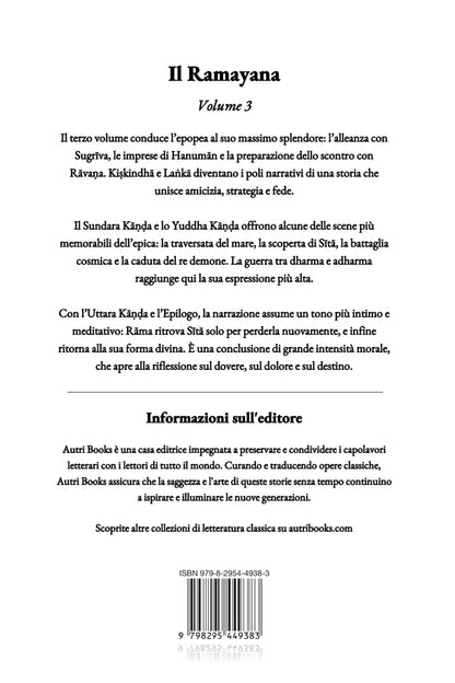 Back cover of a book titled 'Il Ramayana Volume 3' with text in Italian.