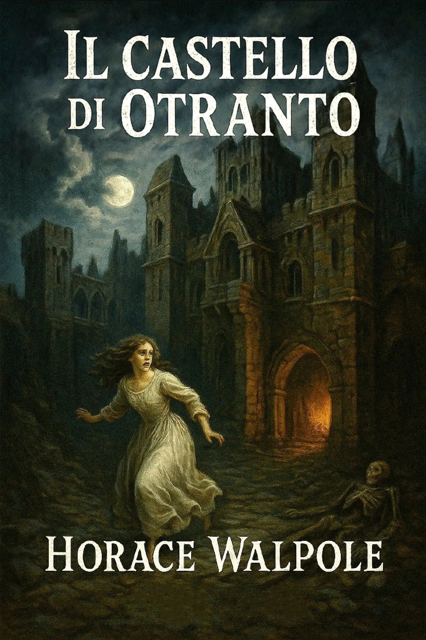 Book cover for 'Il castello di Otranto' by Horace Walpole, featuring a dark gothic castle at night with a full moon, a woman in a white dress running in the foreground, and a skeleton on the ground.