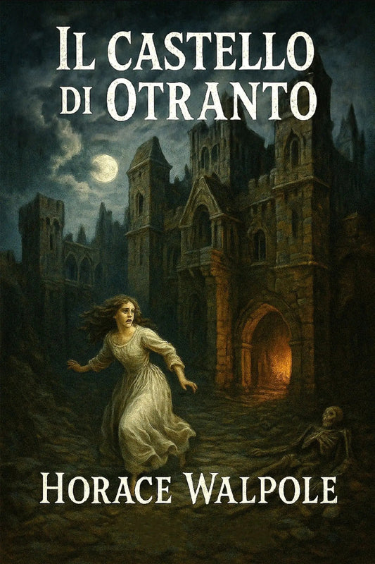 Book cover for 'Il castello di Otranto' by Horace Walpole, featuring a dark gothic castle at night with a full moon, a woman in a white dress running in the foreground, and a skeleton on the ground.