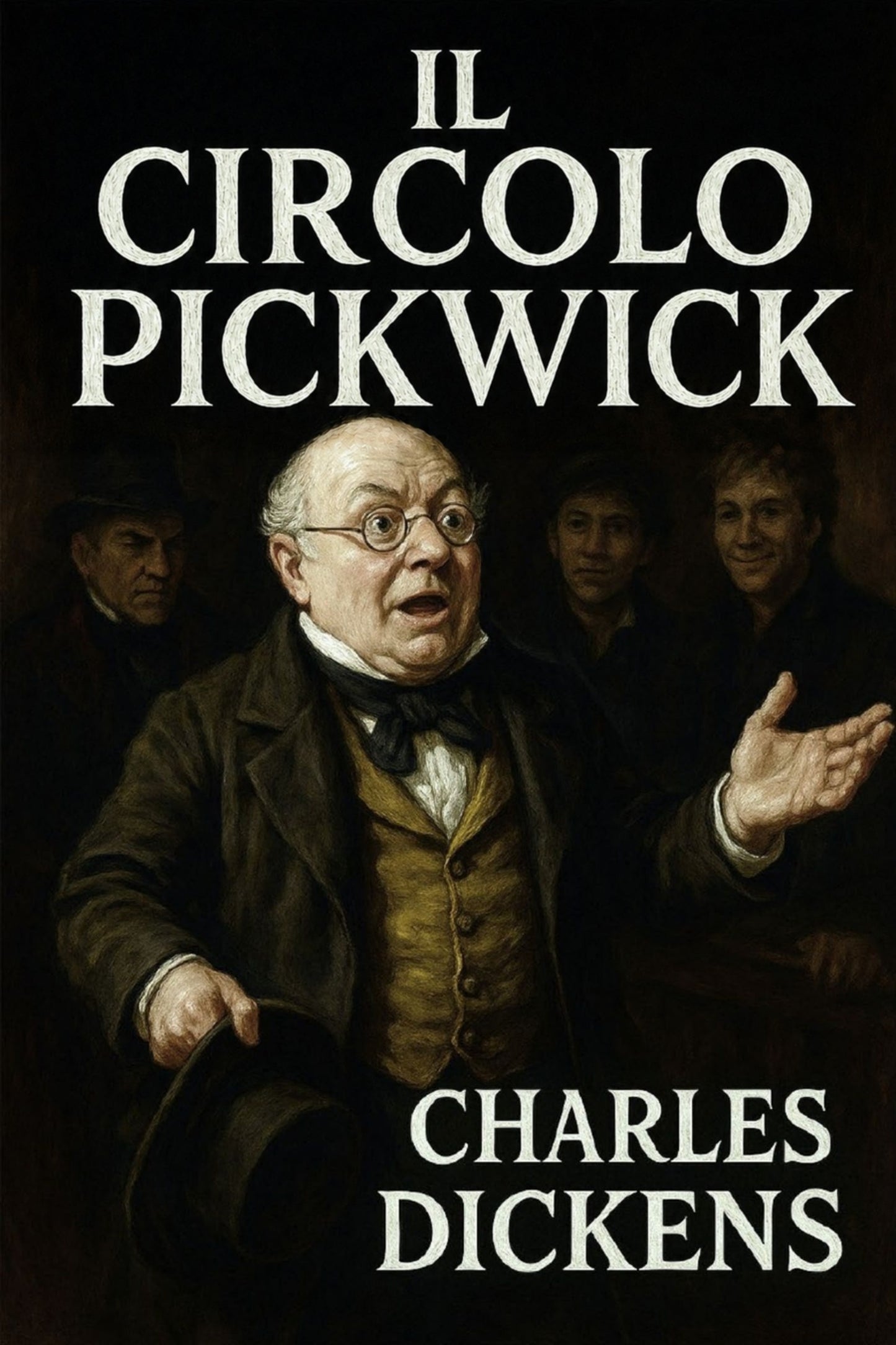 Book cover of 'Il circolo Pickwick' by Charles Dickens with a dark background and central figure.