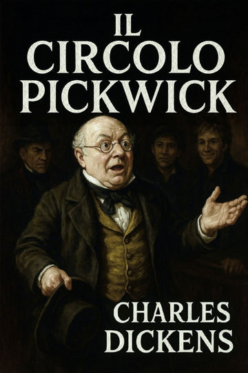 Book cover of 'Il circolo Pickwick' by Charles Dickens with a dark background and central figure.
