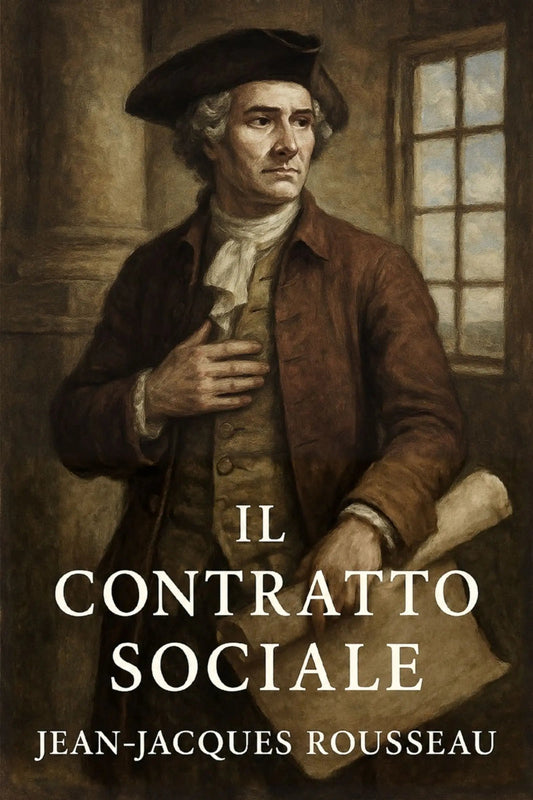 Book cover for 'Il contratto sociale' by Jean-Jacques Rousseau, featuring a painted portrait of Rousseau in historical attire against a dark interior background with a window.