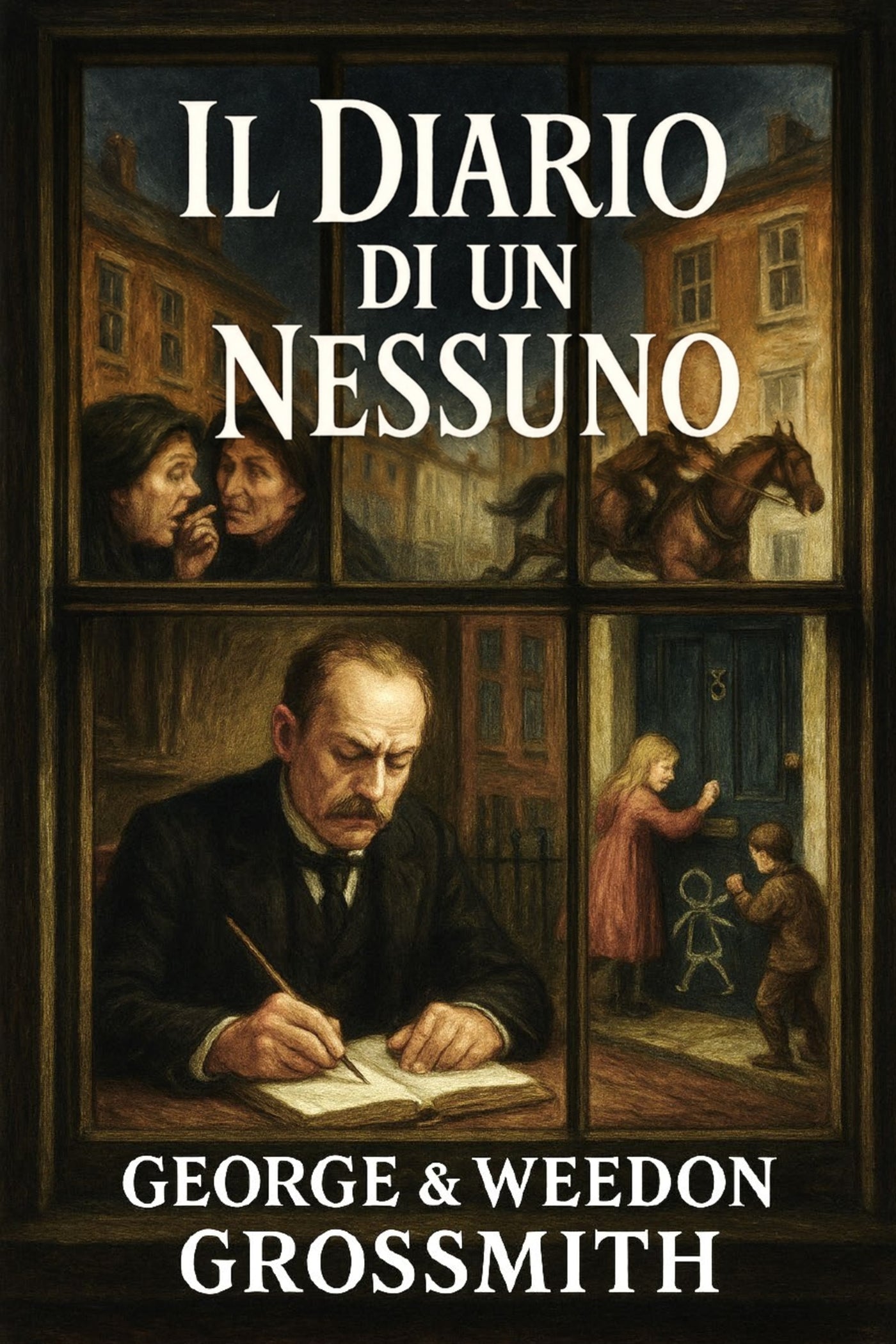 Book cover of 'Il diario di un nessuno' by George & Weedon Grossmith with images of a man writing and people in a street.