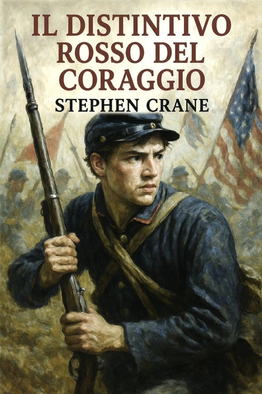 Book cover for 'Il distintivo rosso del coraggio' by Stephen Crane, featuring a painted soldier in a blue uniform holding a rifle, with American flags in the background.