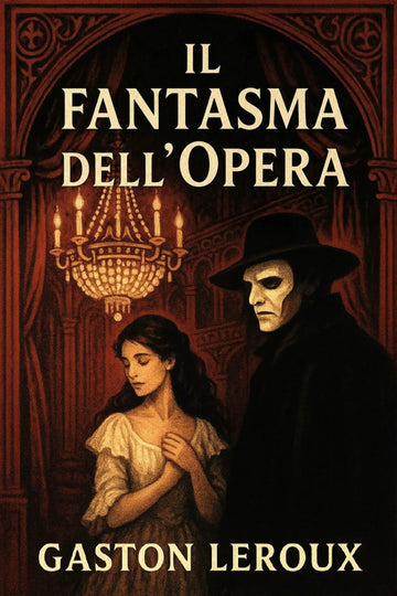 Book cover for 'Il fantasma dell’Opera' by Gaston Leroux, featuring a dark, gothic illustration of a masked figure in a black hat and coat beside a young woman in a pale dress, under a chandelier in a red arched interior.