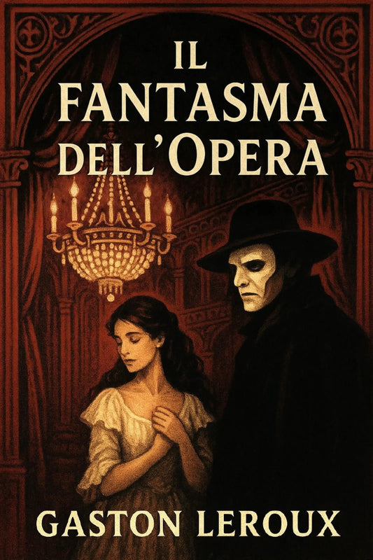 Book cover for 'Il fantasma dell’Opera' by Gaston Leroux, featuring a dark, gothic illustration of a masked figure in a black hat and coat beside a young woman in a pale dress, under a chandelier in a red arched interior.