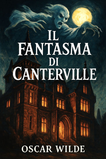 Book cover of 'Il fantasma di Canterville' with a ghostly figure and haunted house.