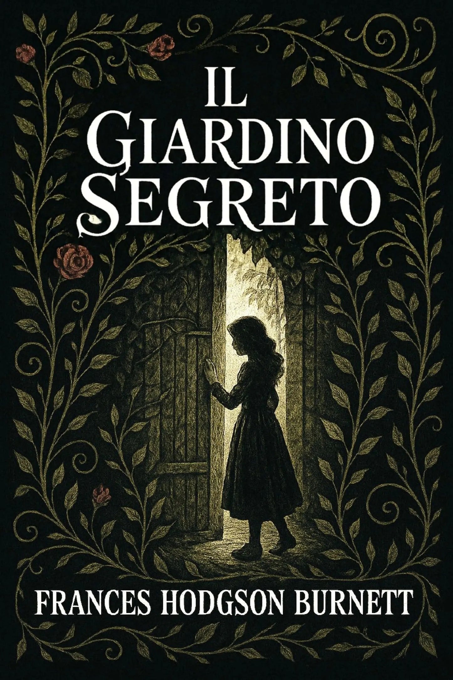 Book cover for 'Il giardino segreto' by Frances Hodgson Burnett, featuring a dark illustration of a girl standing in a doorway framed by ornate leafy vines, with the title and author name in white text.