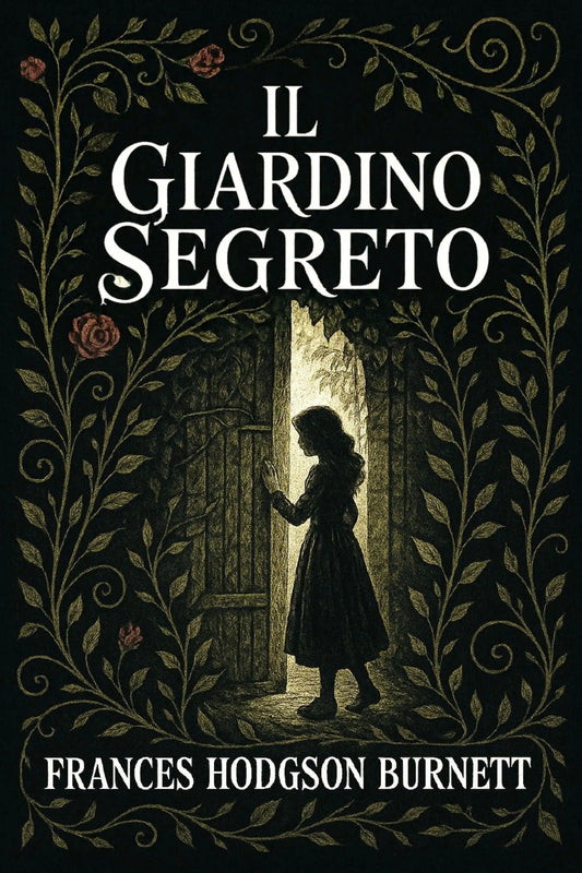 Book cover for 'Il giardino segreto' by Frances Hodgson Burnett, featuring a dark illustration of a girl standing in a doorway framed by ornate leafy vines, with the title and author name in white text.