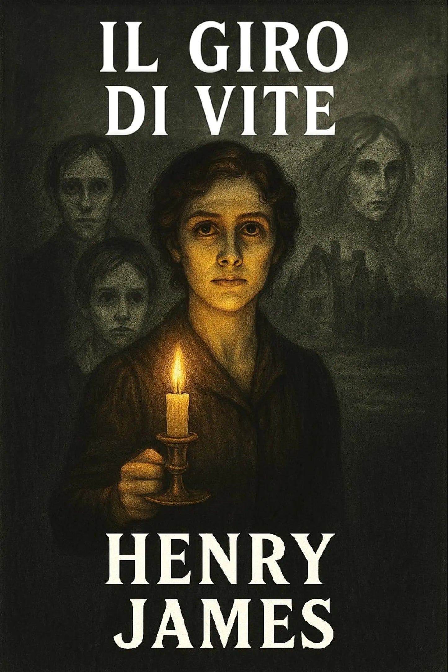 Book cover for 'Il giro di vite' by Henry James, featuring a dark, atmospheric illustration of a woman holding a lit candle, with three ghostly faces in the background and the title and author name in large white text.