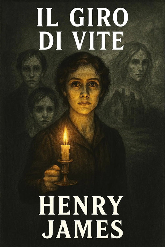 Book cover for 'Il giro di vite' by Henry James, featuring a dark, atmospheric illustration of a woman holding a lit candle, with three ghostly faces in the background and the title and author name in large white text.