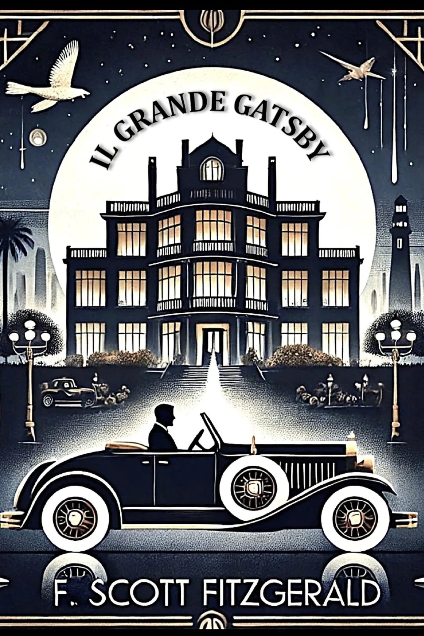 Book cover of 'Il grande Gatsby' with a vintage car and mansion illustration.