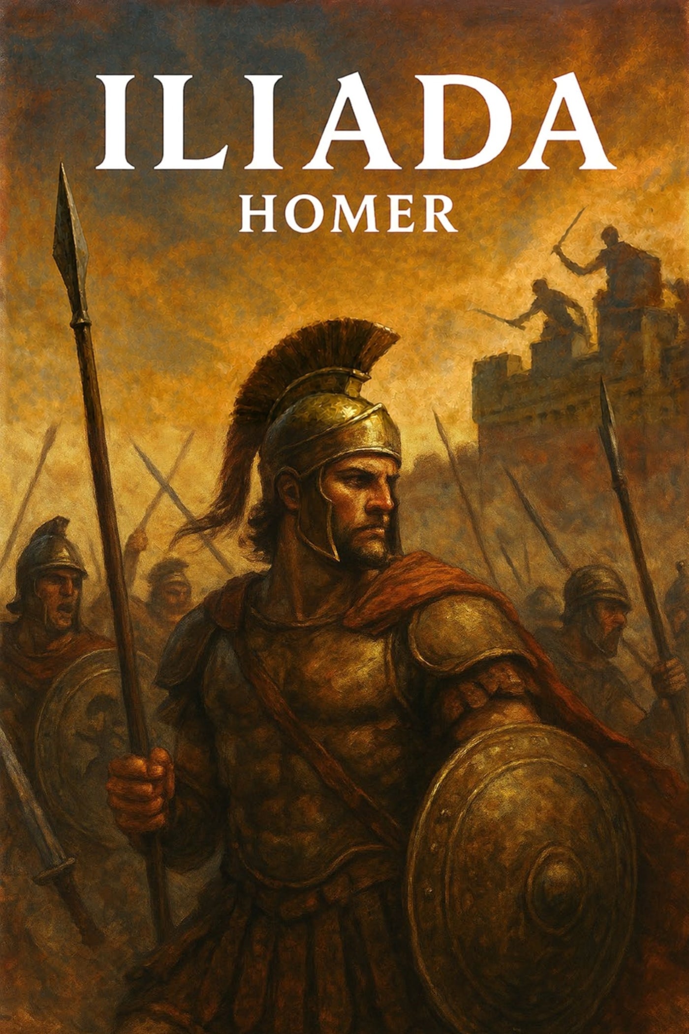 Book cover of 'Iliada' by Homer featuring a warrior in armor with a battle scene in the background.