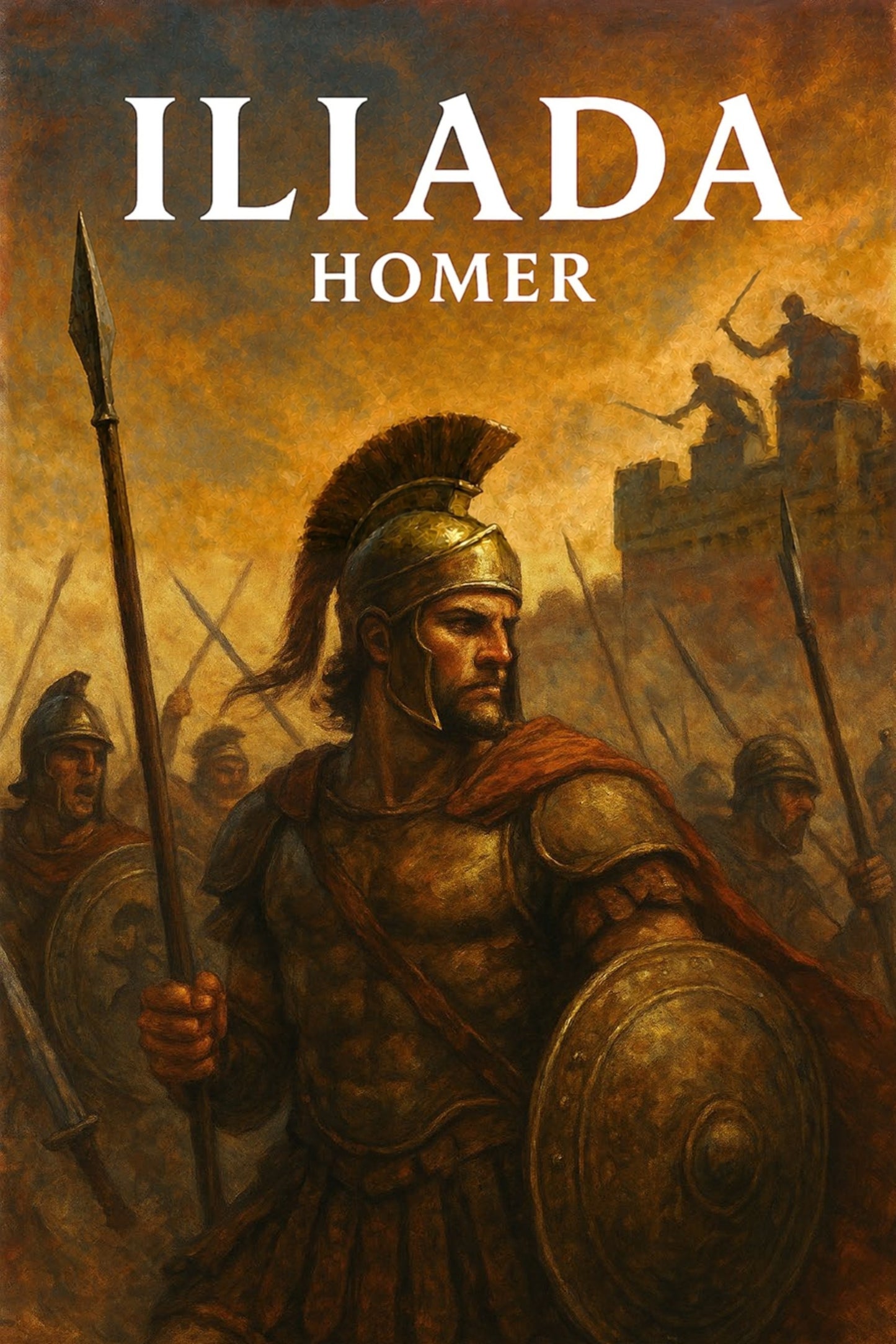 Book cover of 'Iliada' by Homer featuring a warrior in armor with a battle scene in the background.