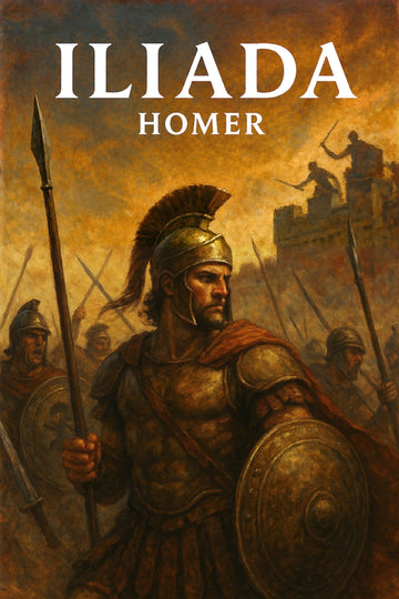 Book cover of 'Iliada' by Homer featuring a warrior in armor with a battle scene in the background.