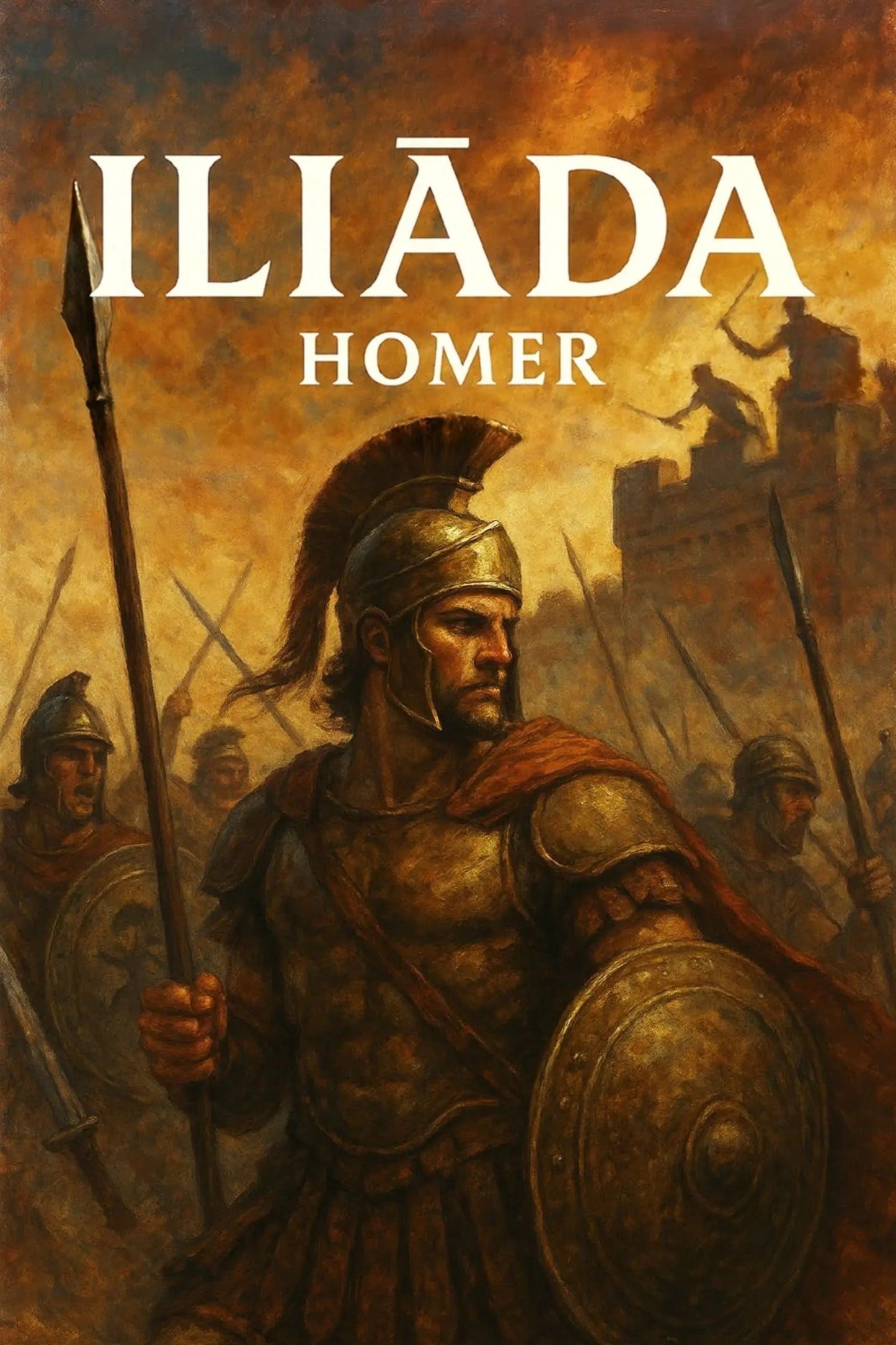 Illustrated book cover for Homer's Iliada, showing a bronze-armored warrior holding a spear and shield in a smoky battle scene, with the title 'Iliāda' in large white text at the top.