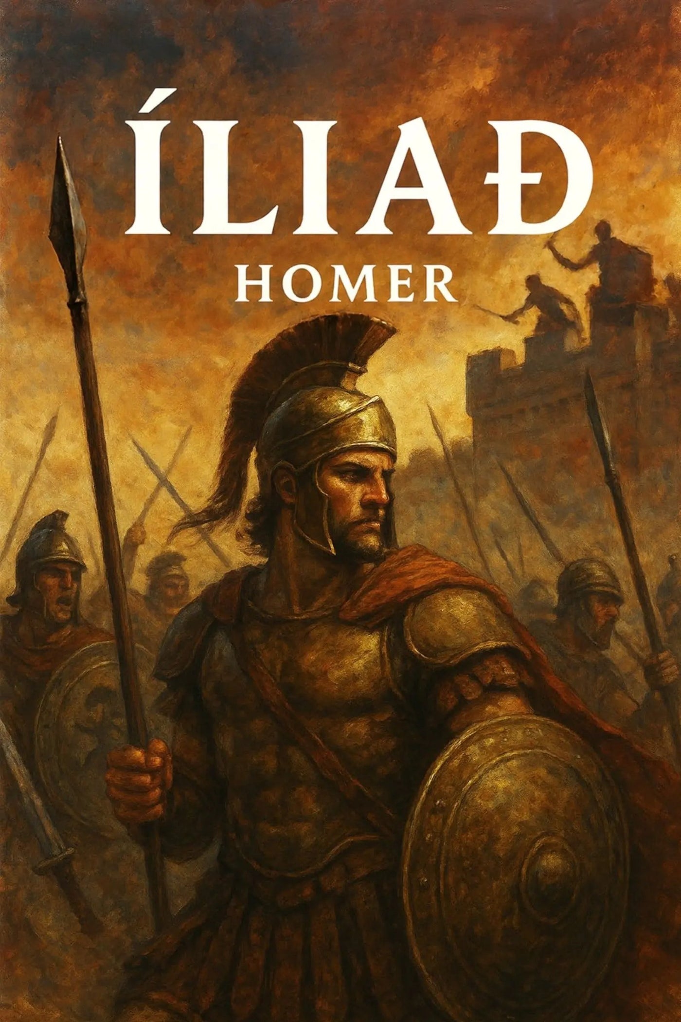 Book cover for 'Íliað' by Homer, featuring a painted scene of an ancient Greek warrior in armor holding a spear and shield, with other soldiers and a burning city in the background under a fiery sky.