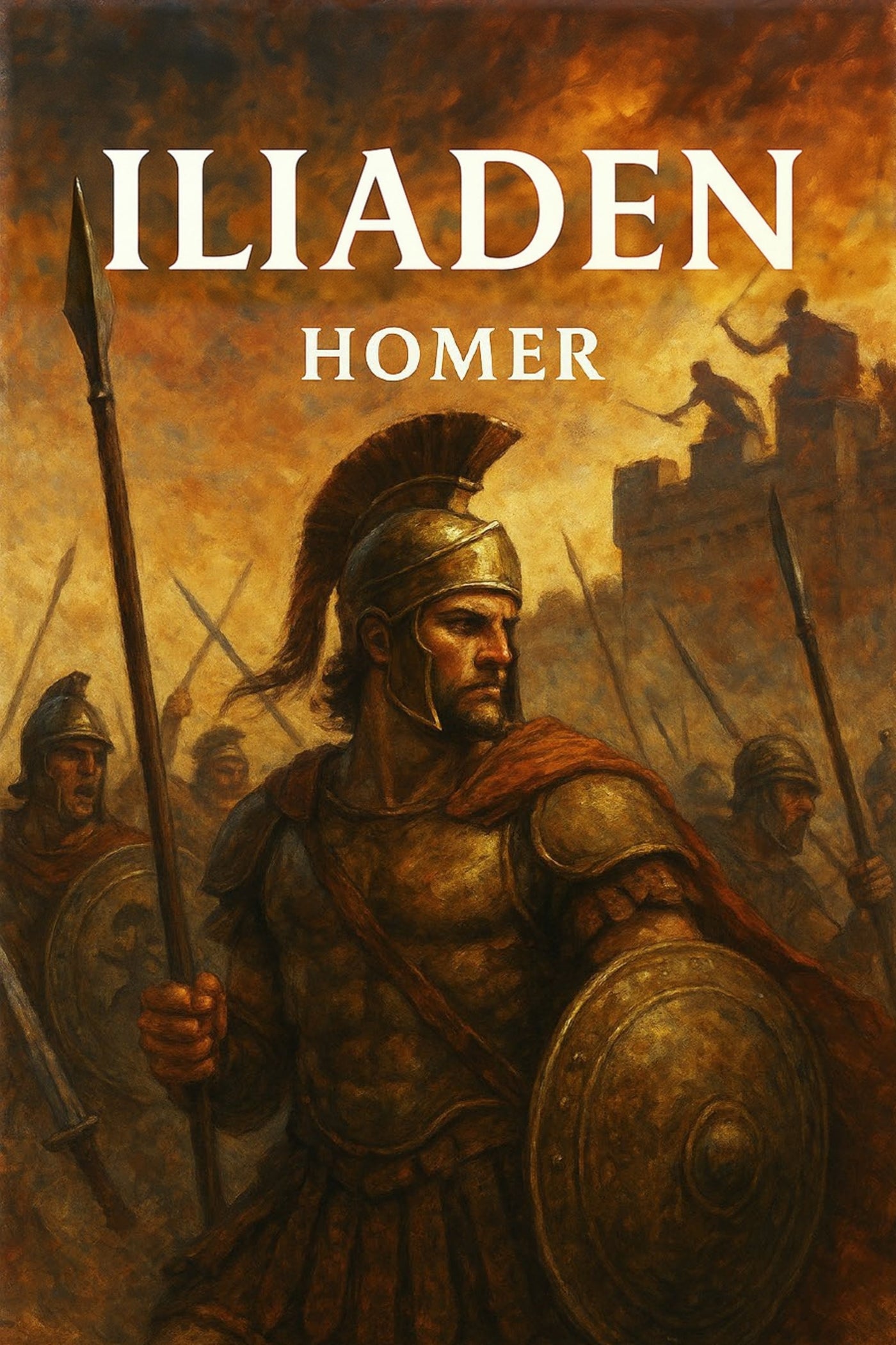 Book cover of 'Iliaden' by Homer featuring a warrior in armor with a battle scene in the background.