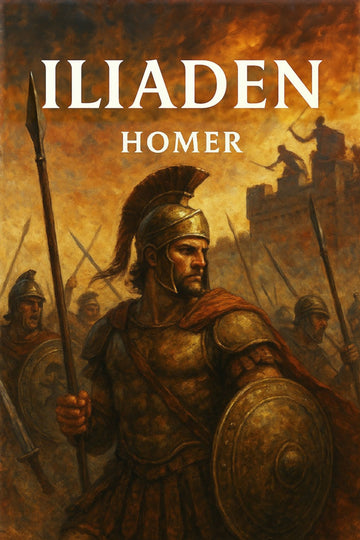 Book cover of 'Iliaden' by Homer featuring a warrior in armor with a battle scene in the background.