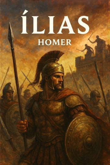Book cover for 'Ílias' by Homer, featuring an illustrated ancient Greek warrior in armor holding a spear and shield, with other soldiers and a city wall in the background under a dramatic warm-toned sky.