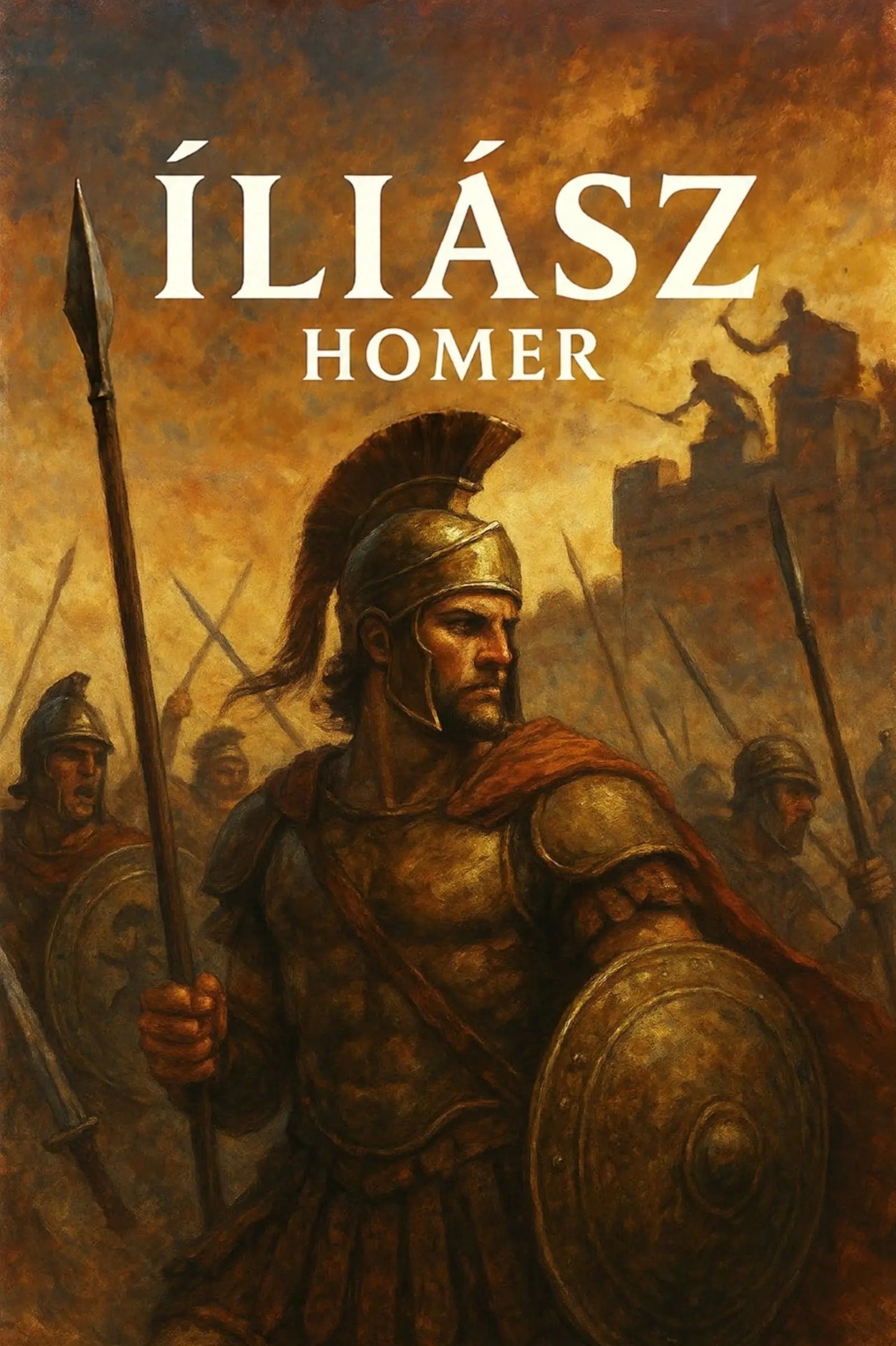 Illustrated book cover for Homer's Íliász, featuring a bronze-armored warrior holding a spear and shield in a smoky battle scene, with the title 'Íliász' in large white text at the top.