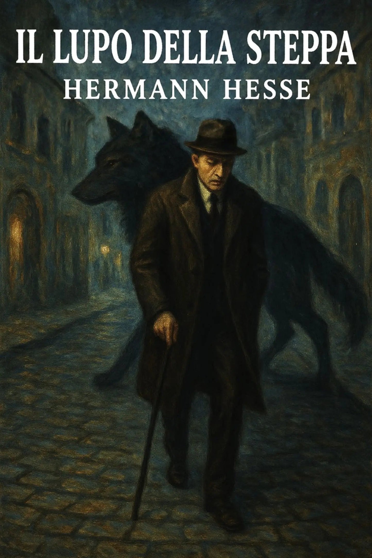 Book cover for 'Il lupo della steppa' by Hermann Hesse, featuring a dark, moody illustration of a man in a trench coat and hat walking with a cane, accompanied by a large black wolf in a cobblestone street.