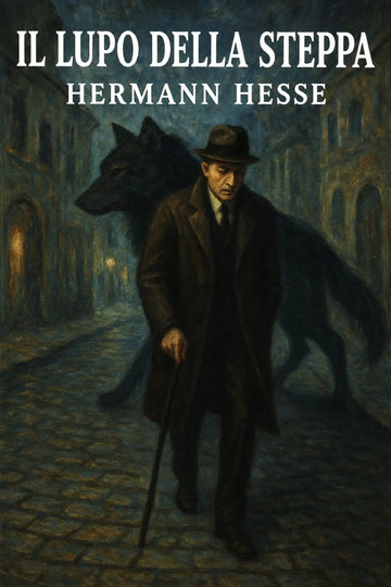 Book cover for 'Il lupo della steppa' by Hermann Hesse, featuring a dark, moody illustration of a man in a trench coat and hat walking with a cane, accompanied by a large black wolf in a cobblestone street.