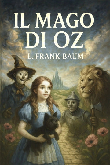 Book cover for 'Il mago di Oz' by L. Frank Baum, featuring a painted scene of Dorothy, the Scarecrow, the Lion, and the Tin Man on a yellow brick road, with large cream title text at the top.