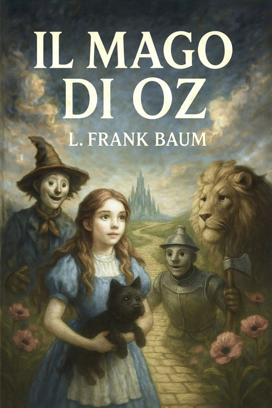 Book cover for 'Il mago di Oz' by L. Frank Baum, featuring a painted scene of Dorothy, the Scarecrow, the Lion, and the Tin Man on a yellow brick road, with large cream title text at the top.