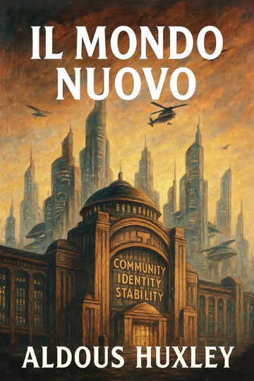 Book cover for 'Il mondo nuovo' by Aldous Huxley, featuring a dramatic sci-fi cityscape painting in warm brown, gold, and orange tones, with large white title text at the top and the author name at the bottom.