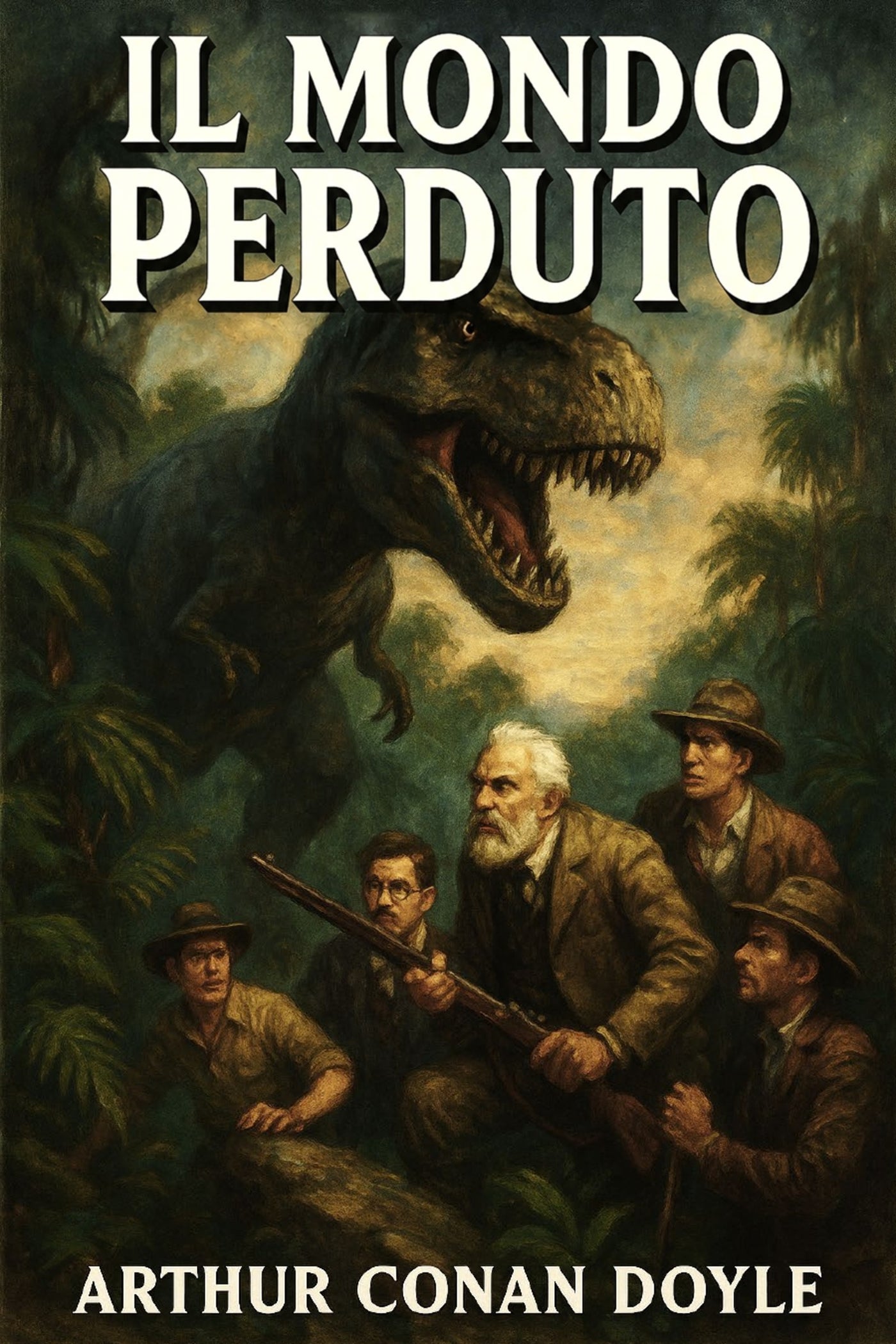 Book cover of 'Il mondo perduto' by Arthur Conan Doyle featuring a dinosaur and explorers in a jungle setting.