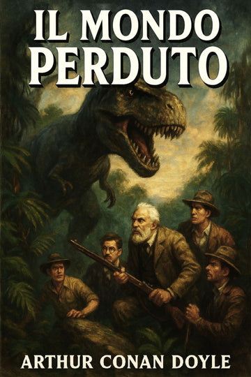 Book cover of 'Il mondo perduto' by Arthur Conan Doyle featuring a dinosaur and explorers in a jungle setting.