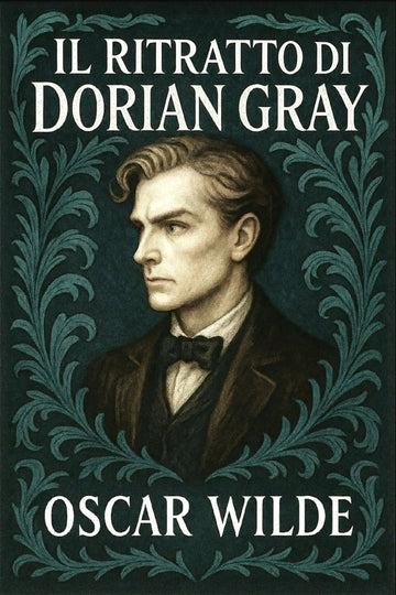 Book cover for 'Il ritratto di Dorian Gray' by Oscar Wilde, featuring a portrait of Dorian Gray in profile against a dark teal background with ornate decorative borders and white title text.