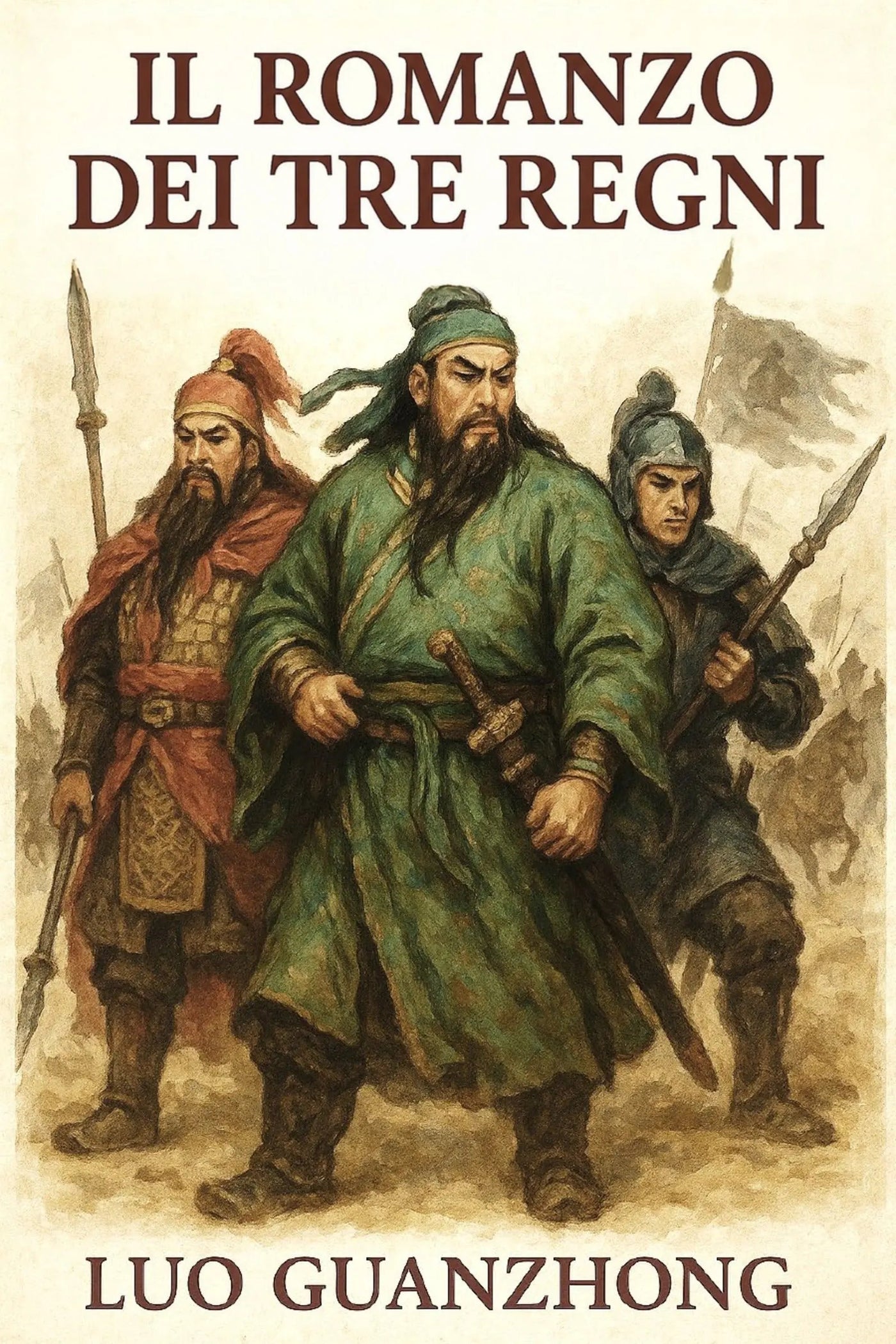 Book cover for 'Il romanzo dei Tre Regni' by Luo Guanzhong, featuring an illustration of three ancient Chinese soldiers in green, red, and dark armor against a warm beige background.